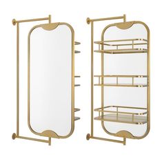 two gold metal shelves with mirrors on each shelf and one is holding an empty mirror