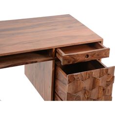 a wooden desk with two drawers on top and one drawer open to show the contents