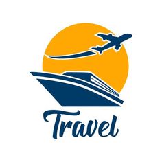 the logo for travel with an airplane flying in the sky and a boat on the water