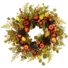 a wreath made up of apples, leaves and pine cones on a white background with autumn foliage