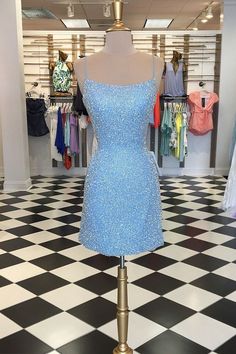 Diamond Dress Short, Sparkle Dress Short, Light Blue Homecoming Dress, Grade 8 Grad Dresses, Blue Sparkle Dress, Glitter Dress Short, Hoco 2024, Dress Shorts Outfit, Cold Play