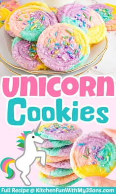 unicorn cookies with sprinkles and rainbow colors on the top, in front of a