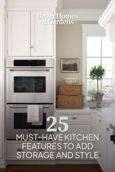 a kitchen with white cabinets and wood floors is featured in the magazine 25 must - have kitchen features to add storage and style