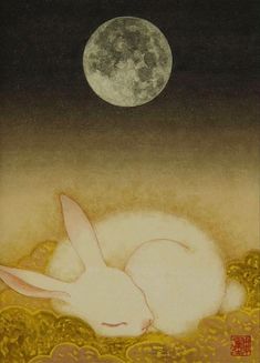 a painting of a white rabbit sleeping under the moon