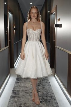 Sequin Wedding & Evening  Dress Wilma - Olivia Bottega Olivia Bottega, Short White Dress Wedding, Wedding Evening Dress, Knee Length Wedding Dress, Modern Gown, Midi Wedding Dress, White Bridal Dresses, Tulle Wedding Gown, Mini Wedding Dresses