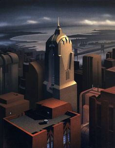 a painting of a city with tall buildings and a clock tower in the center, surrounded by clouds