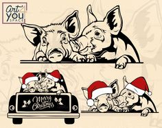 two pigs in santa's hats riding on top of a car with christmas decorations