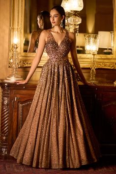 Buy Seema Gujral Brown Net Flared Cutout Gown Online | Aza Fashions Engagement Gown, Seema Gujral, Baju Kahwin, Golden Gown, Reception Gowns, Engagement Gowns, Indian Wedding Gowns, Sangeet Outfit, Reception Outfit