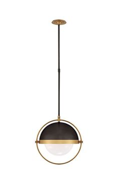 a black and gold pendant light with a white ball hanging from the bottom, on an isolated