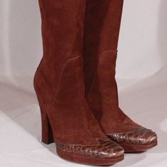 Gorgeous Chocolate Brown Suede Boots. Very 60's/70's Vibe. Hot. Made In Italy Color: Brown, Red Soles Material: Suede, Python Skin Side Zip W/ Silver Pull Width: 3 Inches Heel: 4 1/2 Inches Outside Toe To Heel: 8 1/4 Inches Boot Height From Heel: 13 1/4" Around Calf: 13 1/2 Original Box: No Dust Bag: No Condition: Very Good/Good, There Are A Few Places Where Python Scales Are Pulling Up/Light General Wear, Some Sole Wear Please Check Measurements, Description, And Photographs Carefully. Brown Suede Pointed Toe Mid-calf Boots, Fitted Brown Suede Mid-calf Boots, Brown Knee-high Heeled Boots With Zipper, Brown Suede Boots, Brown Knee-high Heeled Boots With Zipper Closure, Cesare Paciotti, Python Skin, Brown Knee-high Boots With Zipper Closure, Good Good