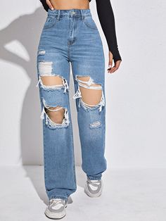 Medium Wash    Denim Plain Straight Leg  Non-Stretch  Women Denim Straight Jeans Ripped, Pantalones Mom Jeans, Mama Jeans, Clothes Jeans, Ripped Mom Jeans, Low Waist Jeans