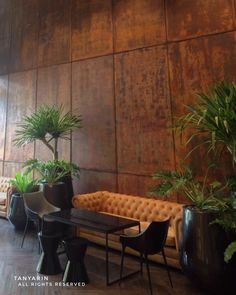 a living room filled with lots of plants next to a wall covered in wooden paneling