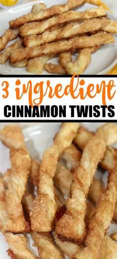 three different views of cinnamon twists on a plate