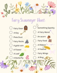 the fairy scavenger hunt is shown with flowers and other things to do on it