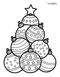 a christmas tree with ornaments and stars on it coloring pages for kids, printable