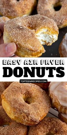 donuts that are being held up in front of each other with the words easy air fryer donuts above them