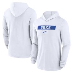 Step out in Duke Blue Devils spirit with this Sideline T-shirt from Nike. It features a team wordmark across the front on moisture-wicking Dri-FIT fabric. The attached hood offers extra coverage, perfect for cheering the Duke Blue Devils to a win. Duke Blue Devils, Blue Devil, Under Pants, Sneaker Dress Shoes, Nike White, Fall Jackets, Kids Sweater, Outdoor Apparel, White Nikes