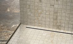 a tiled shower stall with a toilet in the corner and a black line on the floor