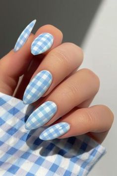 blue nails, blue nail art ideas, acrylic blur nails, summer nails 2024, July 4th nails, 4th of July nails, July 4th nail ideas, 4th of July nail ideas, July 4th nail designs 2024 Blue Gingham Nails, Powder Blue Nails, Blue Nail Design