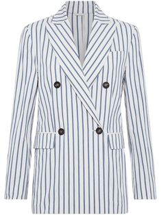 white/blue cotton/linen/ramie vertical stripe pattern signature Monili chain detail peak lapels double-breasted button fastening long sleeves buttoned cuffs chest welt pocket two front flap pockets American rear vent straight hem Striped Double-breasted Long Sleeve Blazer, Elegant Striped Double-breasted Outerwear, Chic Striped Double-breasted Blazer, Elegant Spring Blazer With Vertical Stripes, Pinstripe Cotton Blazer For Work, Pinstripe Cotton Blazer For Workwear, Elegant Striped Blazer With Buttons, Classic Striped Cotton Blazer, Striped Double-breasted Blazer For Work