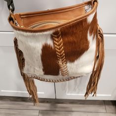 Rare Find!!! Real Leather And Cowhide. Adjustable Leather Strap.Purse Is New Never Worn Blanket Purse, Myra Bags, Upcycled Bag, Strap Purse, Leather Rug, Hanging Bag, Green Suede, Leather Fringe, Leather Purse