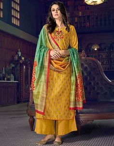 Musterd Tussah Silk Pant Salwar Suits Yellow Embroidery With Print Work:Arabic Attire Mustard Suit, Women Salwar Suit, Diwali Dresses, Trouser Suit, Palazzo Suit, Silk Bottoms, Blue Embroidery, Suits For Sale, Pakistani Suits