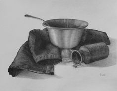 a pencil drawing of a silver cup with a cloth and spoon next to it on a white background