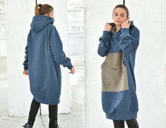 "Winter Hooded Dress, Tunic Dress With Pocket, Blue Hoodie Dress ◈ Stylish and chic fashion is our shared dream! You can be sure that this piece is made with a lot of love and craftsmanship. ◈ S I Z I N G ◈ The model wears size S and the length of the item is approximately 135 cm. This item is available from XS to 4XL. Please, have a look at my Size Chart below before placing your order. ◈ D E L I V E R Y ◈ This item will be shipped in up to 5 days after your order was placed. We use Express wor Sweater Dress Plus Size, Extra Long Cardigan, Linen Loose Dress, Oversized Sweater Dress, Basic Clothing, Hoodie Dresses, Plus Size Baddie Outfits, Streetwear Dress, Hooded Sweatshirt Dress