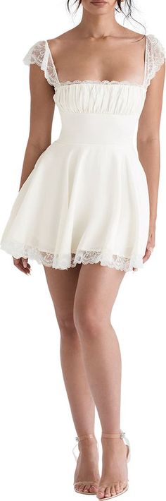 HOUSE OF CB Kaia Lace Trim Fit & Flare Minidress | Nordstrom White Corset Dress, Womens Lace Shorts, Short Sundress, Backless Dress Short, Fairycore Dress, Backless Dress Summer, Ruffle Bodycon, Women Lace Dress, Short Bodycon Dress