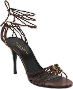 Luxury Lace-up Sandals With Heel Strap, Elegant Brown High Heel Lace-up Sandals, Elegant Brown Lace-up Sandals For Party, Strappy Leather Sandals, Ankle Tie Sandals, Anthony Vaccarello, Rive Gauche, Stiletto Heel, Leather Sandals