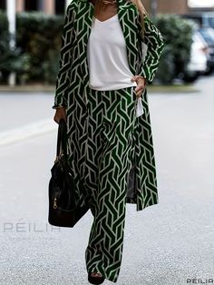 Peilia - Stylish Plus Size Casual Outfits: Womens Two-Piece Set with Geo Print, Long Sleeve Lapel Collar Blazer and Pants Outfit Green Two-piece Long Sleeve Pant Set, Green Matching Set For Fall, Fall Green Matching Set, Chic Green Matching Set, Blazer And Pants Outfit, Plus Size Casual Outfits, Plus Size Two Piece, Stylish Plus, Geo Print