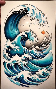 a drawing of waves with an orange ball in the middle