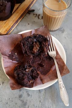 chocolate muffins on a plate with a fork and glass of coffee next to it