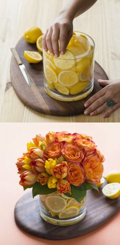 two pictures one with lemons and the other with flowers in a glass vase on a wooden platter