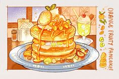 a drawing of a stack of pancakes on a plate with fruit and ice cream in the background