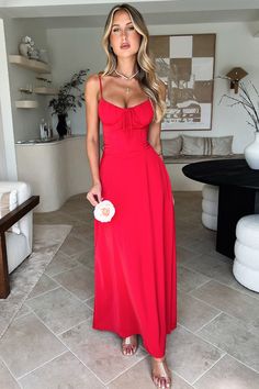 Magdalena Maxi Dress - Red Flare Long Dress, Simple Heels, A Line Long Dress, Solid Maxi Dress, Backless Dress Summer, Elegante Y Chic, Corset Style Tops, Long Red Dress, Backless Maxi Dresses