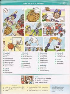 an illustrated book with pictures of sports equipment and words on the page, which are also in english