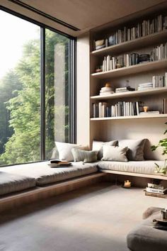 a living room filled with lots of furniture and bookshelves next to a large window