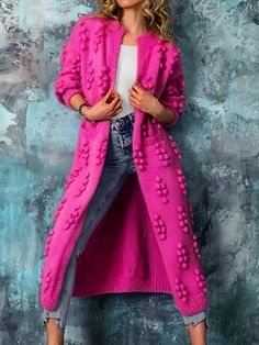 Bathed in the hue of a vibrant pink sunset, this coat is an embodiment of playful elegance. Its eye-catching color is complemented by whimsical pom-pom details that add a unique textural element. The cozy knit fabric promises to keep you warm, while the ribbed cuffs and open front cater to a relaxed yet chic fit. This statement piece is perfect for those who love to add a pop of color to their ensemble and is sure to become a conversation starter at any gathering.Season:WinterGender:WomenOccasion:Daily,CasualStyle:CasualFit:Fits true to sizeThickness:Standard Chic Long Pink Cardigan, Chic Pink Winter Sweater Coat, Pink Sweater Coat For Spring, Long Pink Sweater Coat For Fall, Pink Long Sweater Coat For Fall, Trendy Long Pink Outerwear, Long Pink Sweater Coat For Spring, Crochet Duster, Trendy Cardigans