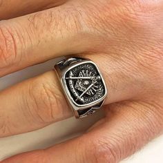 "❥ All of our cargoes are sent by express shipment. Cargoes can be delivered to Europe within 1-2 days after product preparation, to USA and Canada within 2-4 days, to Australia, Asian- Othe American countries and other regions within 3-5 days. Compass Embossed Masonic Ring, Sterling Silver Customized Masonic Ring, Personalized Masonic Ring, Silver Masonic Ring, Masonry Ring Compass Embossed Masonic Ring are the identifying accessory for a Freemason. Symbols that depict freemasons, master mason Classic Stainless Steel Rings With Polished Finish, Timeless Collectible Ring Jewelry, Stainless Steel Engraved Ring With Polished Finish, White Gold Engraved Ring In Stainless Steel, Adjustable Symbolic Rings With Polished Finish, Timeless Stainless Steel Rings As A Gift, Timeless Stainless Steel Rings As Gift, Timeless Stainless Steel Rings For Gift, Silver Stainless Steel Jewelry With Ring Detail