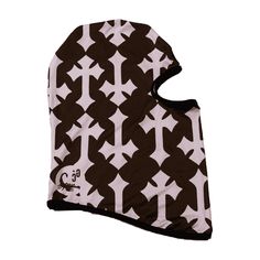 a black and white oven mitt with an arrow pattern on the front, sitting in front of a white background