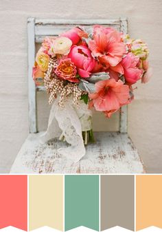 a bouquet of flowers sits on an old chair