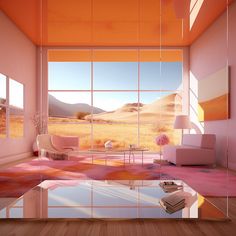 a living room filled with furniture and lots of glass doors that look out onto the desert