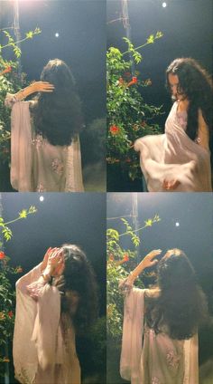 four pictures of a woman with long hair and white dress in front of green plants