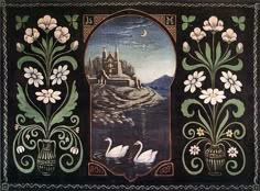 an image of a painting with swans and flowers in the foreground, near a castle