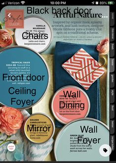 an advertisement for wall decor with flowers and other things on it's side, including buttons