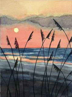 watercolor painting of sunset over the ocean with sea oats blowing in the breeze