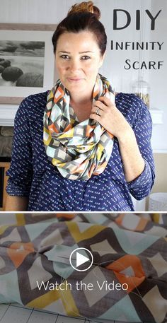 a woman wearing a scarf with the words diy in front of her and an image of