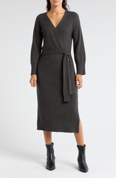 Stay cozy when the temp drops in this sweater dress that's secured with a true-wrap closure. True wrap style with side tie closure Surplice V-neck Long sleeves 50% viscose, 28% polyester, 22% nylon Hand wash, dry flat Imported Sweater Wrap Dress, Wrap Sweater Dress, Sweater Wrap, Daytime Dresses, Wrap Sweater, Nordstrom Store, Stay Cozy, Wrap Style, Sundress