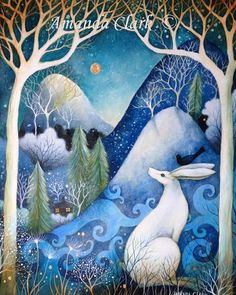 a painting of a white rabbit sitting in the woods with trees and moon behind it